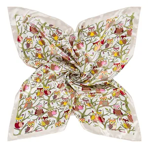 Satin silk square scarf featuring colorful owl patterns on a white background