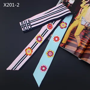 120cm flower print double-sided silk scarf twilly with stripes in pink and blue