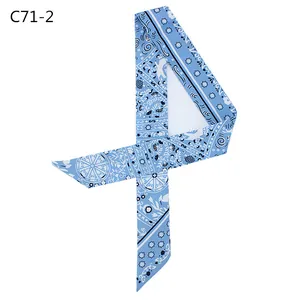 Bohemian light blue floral satin twilly scarf with elegant white patterns