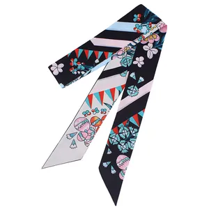 120cm floral silk-like twilly scarf with pink and blue abstract patterns on white backdrop