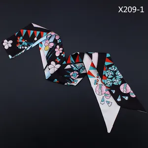 120cm floral satin silk scarf twilly with geometric patterns and slanted ends on black background