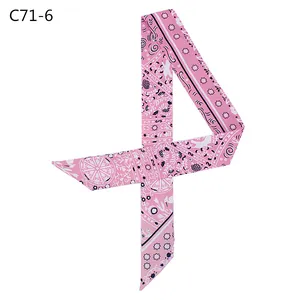 Pink bohemian style satin twilly scarf with floral and geometric patterns for bags