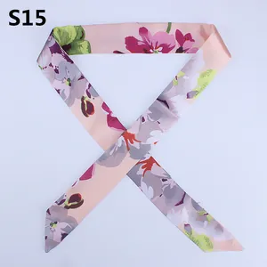 Floral print long skinny scarf for bag handle decoration in pink and purple S15