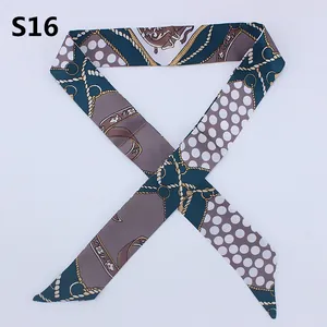 Slim twilly scarf with retro chain and polka dot patterns in teal and brown finish