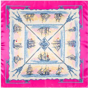 Sciarpa di seta quadrata 90cm con motivo veliero francese e bordo rosa fucsia acceso
