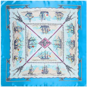 Foulard di seta 90x90cm in stile nautico vintage con barche a vela blu e tridente