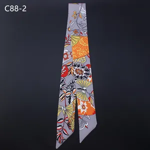Floral butterfly pattern twilly silk scarf in grey and orange for handbag handle