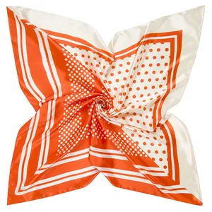 Orange and beige polka dot silk scarf square featuring elegant stripes and glossy texture