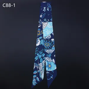 Navy blue silk twilly scarf with floral butterfly prints and elegant fan patterns