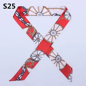 Elegant red twilly silk scarf with equestrian horse wheel and gold chain pattern