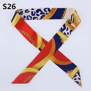 S26 long silk scarf with leopard print and gold chain patterns in red and navy