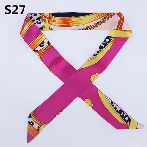Narrow silk scarf for handbag with magenta chain and leopard print design S27