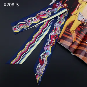 Navy blue silk scarf with colorful wave and floral pattern for handbag handle wrap