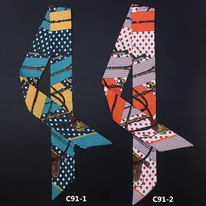 Polka dot and chain print narrow silk twilly scarves for handbags and hair styling