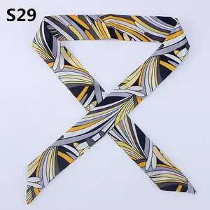 Narrow twilly scarf S29 with yellow and grey geometric patterns for handbag handles