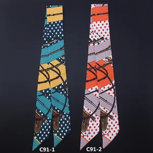 Polka dot and chain pattern long silk scarves for handbags and hair styling in two colors