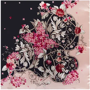 Élégant foulard en soie 90x90cm avec imprimé hortensia en bleu marine et rose satiné