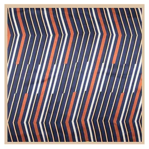 60x60cm silk-like square scarf with geometric blue and orange stripe pattern for women