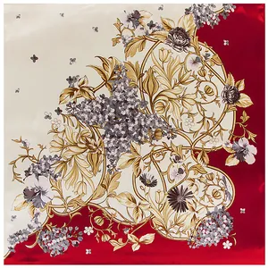 Carré de soie élégant 90x90cm avec motifs de vignes dorées et bordure bordeaux