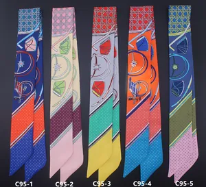 Five assorted silk satin narrow twilly scarves with equestrian and polka dot patterns