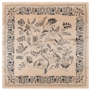 90cm bohemian paisley silk scarf in champagne beige with black botanical patterns