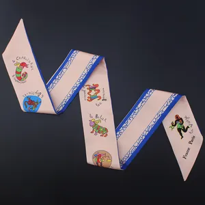 Pink tarot zodiac twilly silk scarf with colorful astrology patterns on dark background