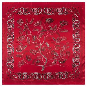 90cm red silk scarf with bohemian paisley borders and floral tree prints on white background