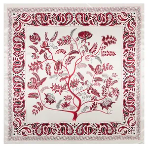 Bohemian paisley pattern silk scarf with red and black tree design on cream background