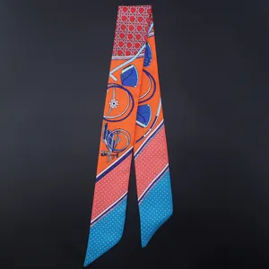 Silk twilly scarf with orange equestrian pattern and white polka dots on dark background