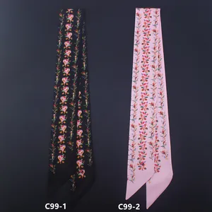 Floral print skinny silk scarves in black and pink for handbag handles and hair