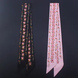 Floral print Twilly silk scarves in black and pink for hair or handbag handle decoration