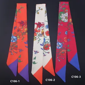 Women Floral Butterfly Print Satin Skinny Scarf Twilly For Hair Bag Handle Neck Tie Decorative Fashion Accessory Gift