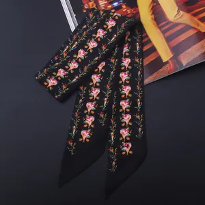 Floral print satin skinny scarf in black with pink roses for handbag handle decoration
