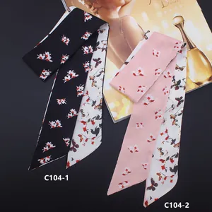 Women Elegant Floral Butterfly Print Satin Narrow Scarf Double Sided Long Twilly For Bag Handle Hair Tie Band Decoration