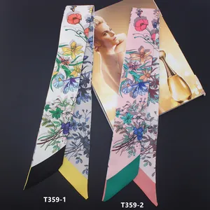 Foulard étroit en soie à imprimé fleuri pour poignée de sac et accessoire cheveux