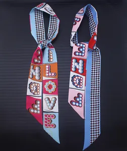 Satin Twilly Scarf For Women Polka Dot Letter Print Narrow Ribbon Hairband Bag Decorative Neck Scarf Headband Accessories