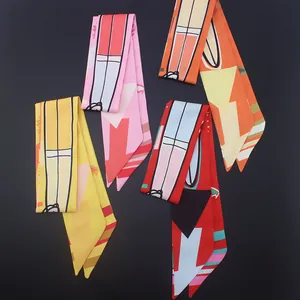 Graffiti leaf pattern narrow satin twilly scarf in four vibrant color sets on black