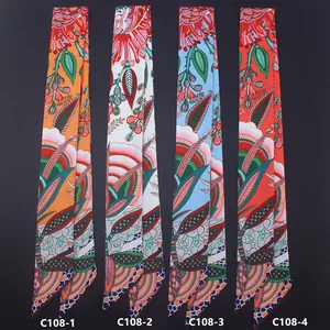 Bohemian floral twilly scarves with vibrant tropical prints for handbags and hair styling