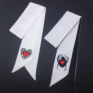 Silk feel ribbon scarves featuring spider and heart patterns for handbag handles and hair
