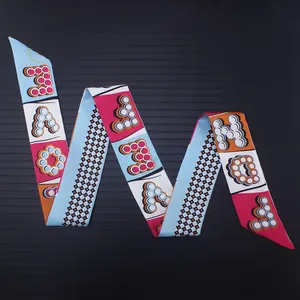 Colorful 120cm faux silk skinny scarf with artistic dots and letters for hair and bag