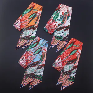 Bohemian floral narrow silk scarf set in orange blue red and white for hair and bags