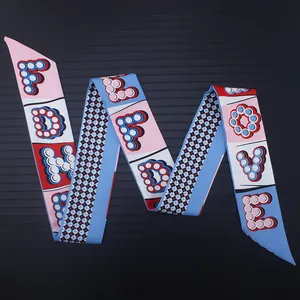 Polka dot letter printed long silk scarf for hair, neck and bag accessories