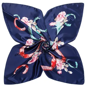 Elegant 90x90cm dark blue silk scarf with pink roses and artistic ribbon patterns