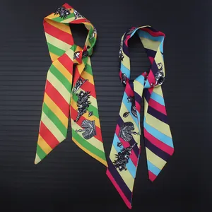 Silk twilly scarf set featuring vintage crown patterns and colorful diagonal stripes