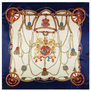Elegant 90cm silk scarf with royal equestrian wheel pattern and tassels on navy border