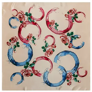 90cm silk-like satin square scarf with red rose pattern and artistic colorful rings