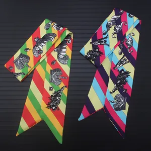 Silk-feel twill skinny scarves with royal crown patterns for handbag handles and hair
