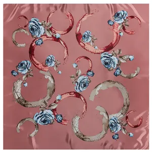 Satin silk scarf with blue rose print and circular art patterns in vintage pink tone
