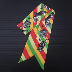 Colorful geometric twill silk scarf for handbags with crown patterns on smooth satin