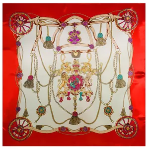 Elegant silk scarf with royal crest, wheel patterns and red borders, 90x90cm square wrap